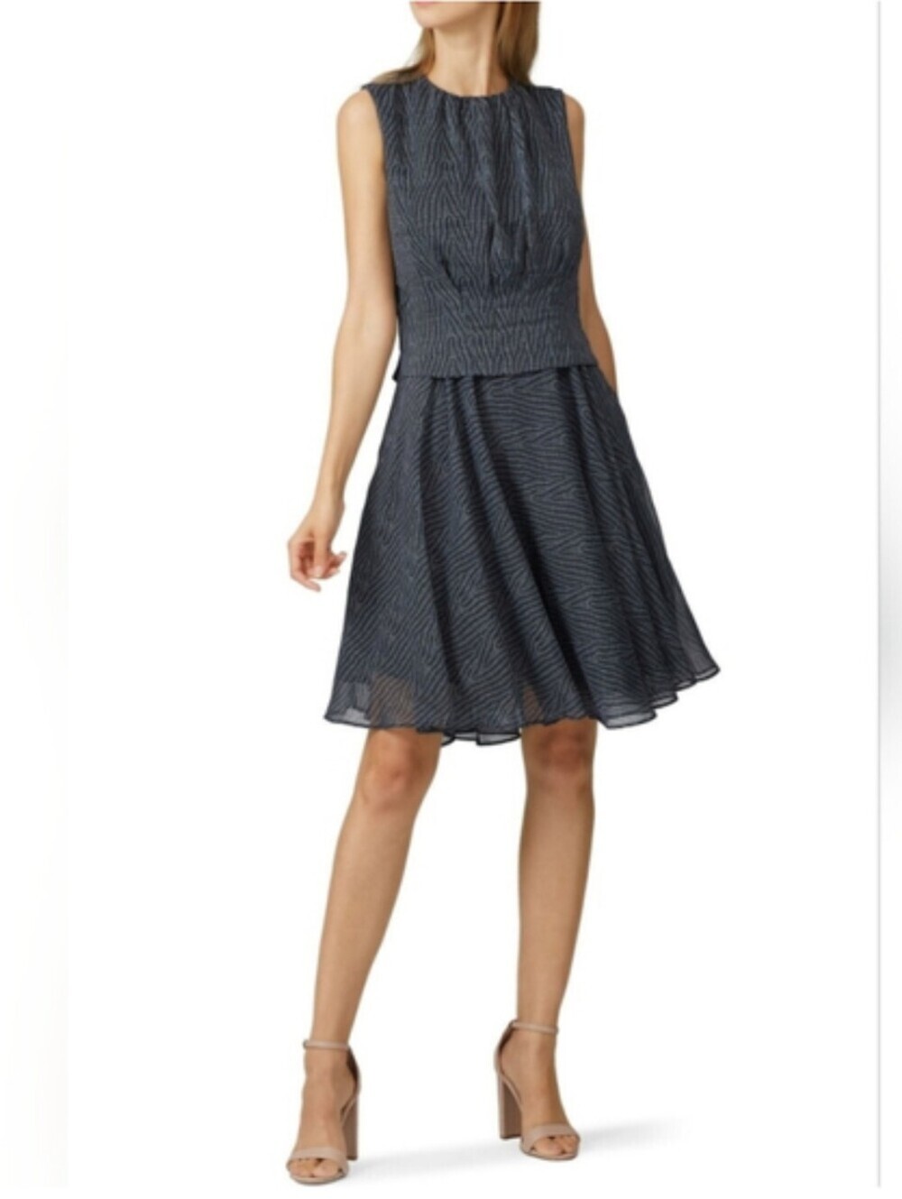Derek Lam Pintuck Waist Faux Silk Chiffon A Line Knee Length Dress Gray Black 4